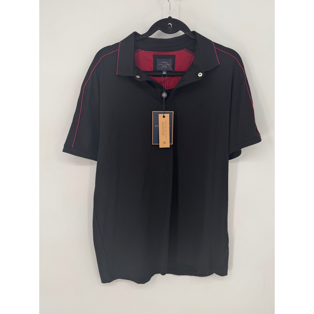 Marc Asher Polo Shirt Men XL Black NWT Short Sleeve Burgundy Piping Stretch
